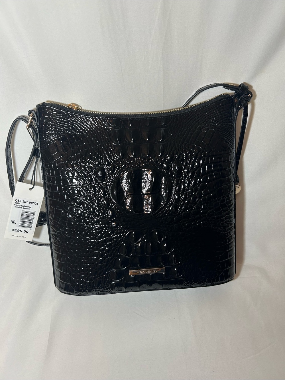 Glossy Black Croc-Embossed Crossbody Bag